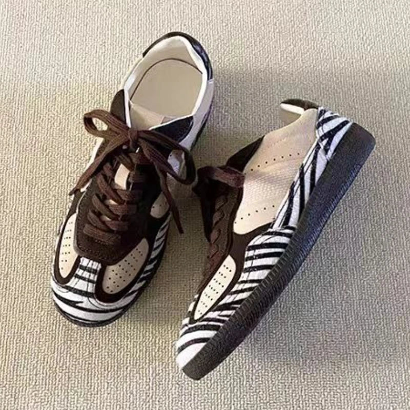 Zebra Stripes Flats Sports Shoes Leather Patchwork Breathable Sneakers Casual Lace Up Comfort Running Shoe