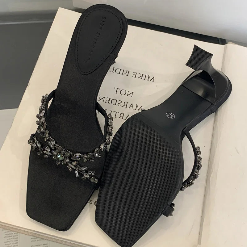 Street Style CRYSTAL Narrow Band Slippers Woman Open Toe Thin High Heels Sandals Stripper Party Slides Shoes
