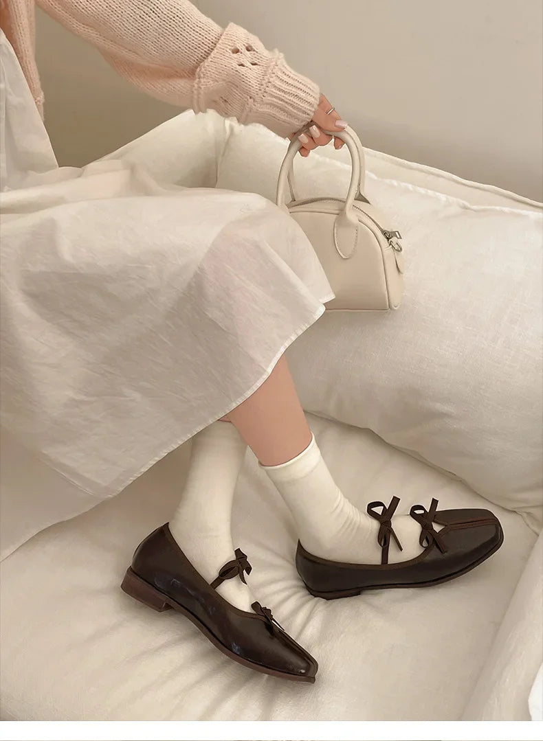 Elegant Bow Decoration Square Toe Shallow Mouth Single Shoes