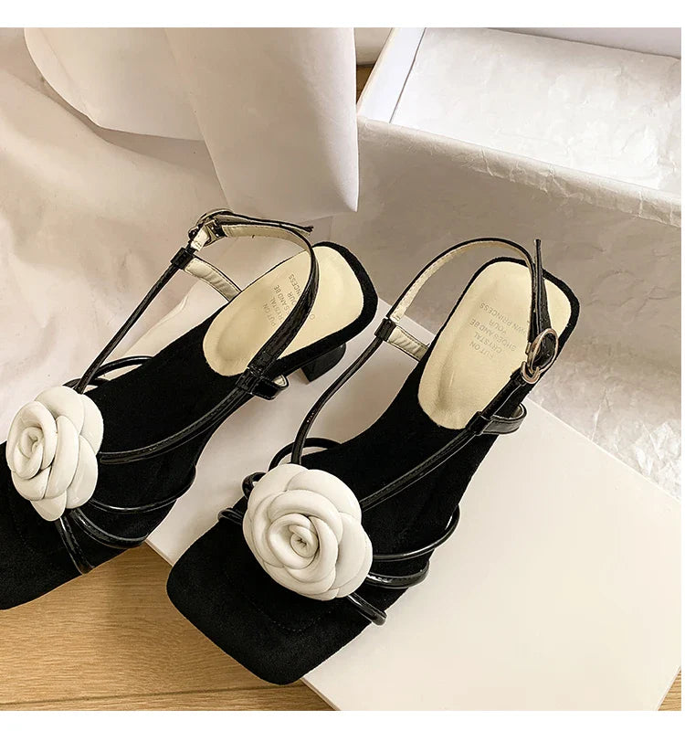 Open Toe Camellia Flower Sandals Square Toe Hollow Strappy Daily Casual High Heels Beach Shoes