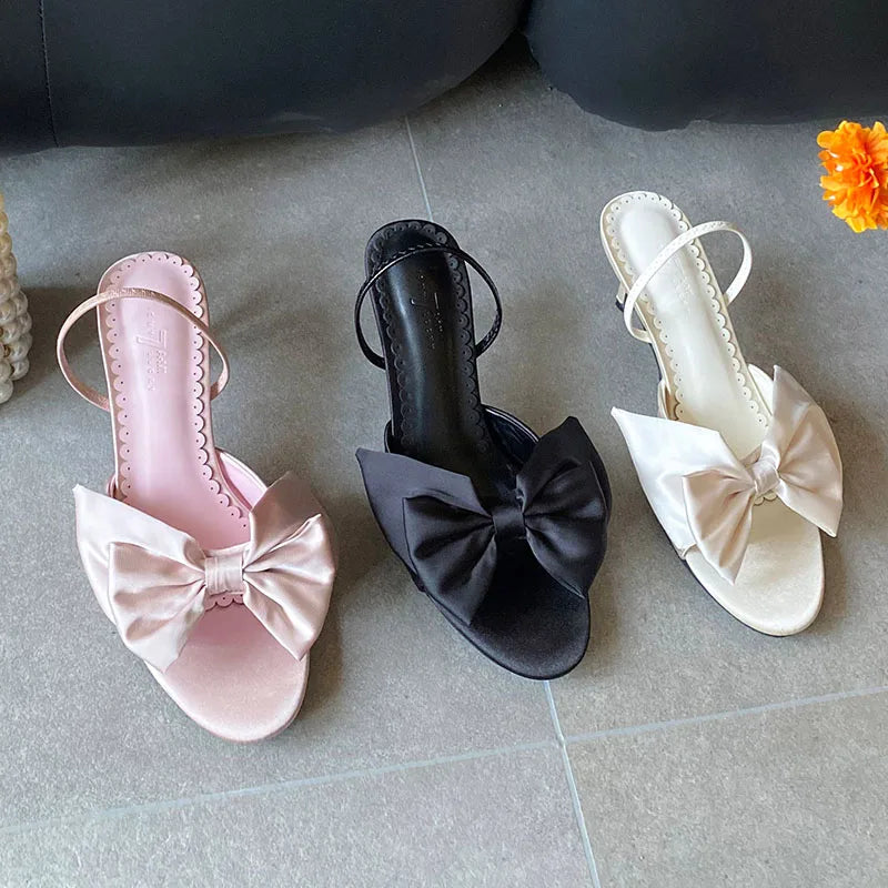 Butterfly-Knot Thin Heels Sandals Shoes Round Toe Footwear Elegant Heeled Sandals Slides Shoes