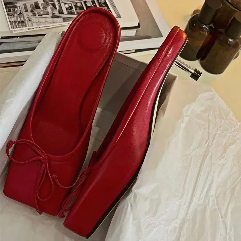 Mule Pumps Slippers Bow Square Toe Party Red Elegant High Heels Sandals