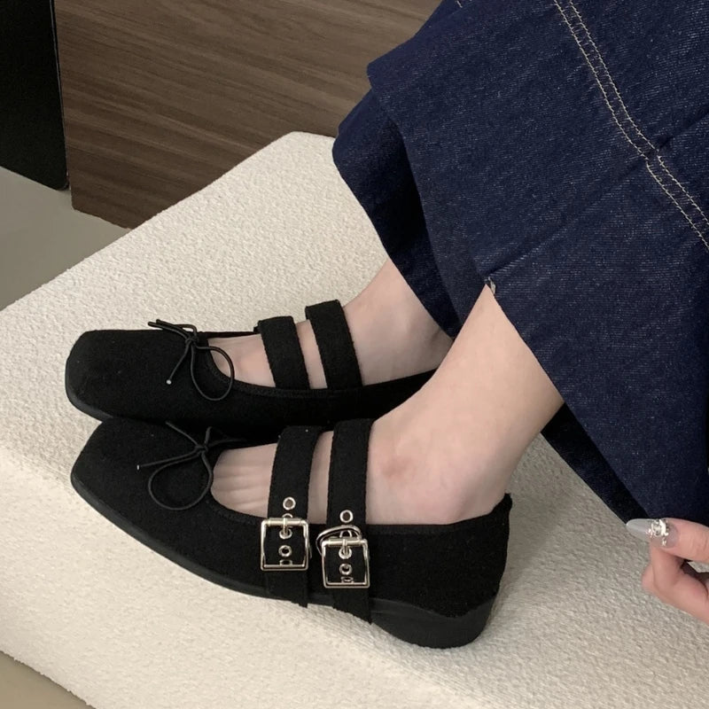 Simple Soft Bottom Buckle Flat Mary Jane Shoes Comfortable Bowknot Square Toe Shoes Backless Loafer Shoes