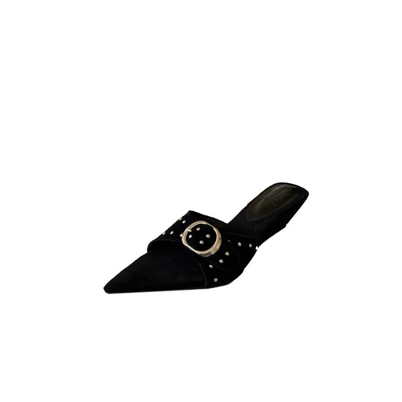 Shoes Woman Pointed Toe Slippers Rivet Slides On A Wedge Low Flock Rome Hoof Heels Fabric Rubber Fas