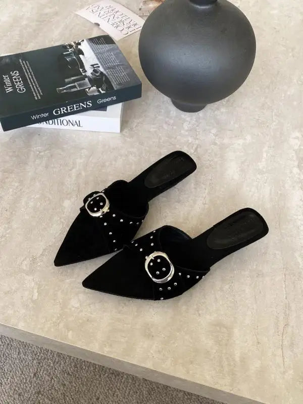 Shoes Woman Pointed Toe Slippers Rivet Slides On A Wedge Low Flock Rome Hoof Heels Fabric Rubber Fas
