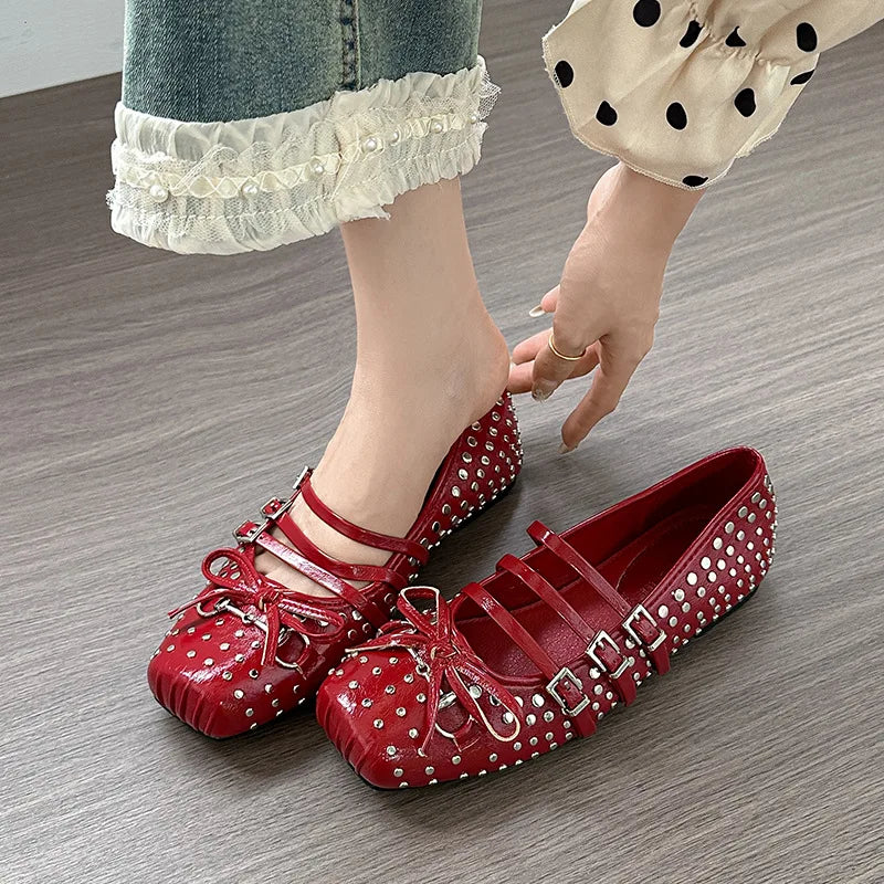 Rivet Ballet Burgundy Mary Jane Flat Shoes Bow Square Head Casual Comfortable Shoes