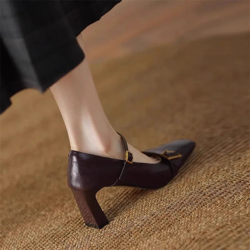 Metal Buckle Decoration Mary Jane Shoes Comfortable Leather High Heels Elegant Chunky Heel Zapatos De Mujer
