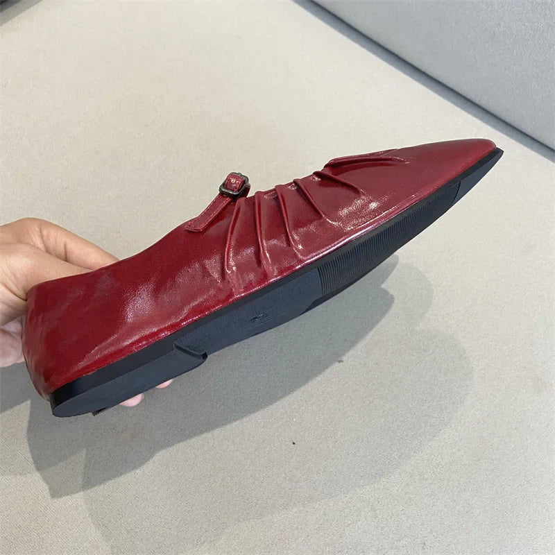 Pleated Mary Janes Flats Shoes Square Toe Pu Leather Comfortable Elegant Red Shoes Shallow Black Ballet Flats