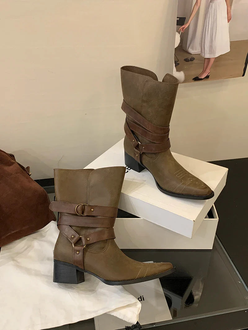 Black Chunky Heels Ankle Boots Woman Pointed Toe Rivet Fall Shoes Belt Buckle Western Style Cowboy Boots Zapatos Mujer