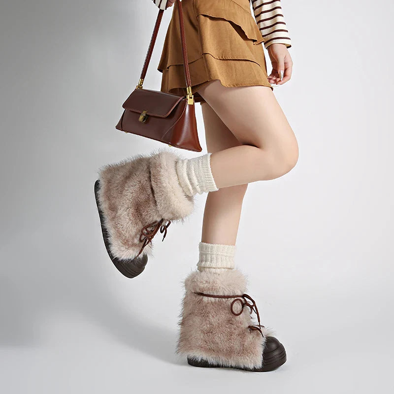 Furry Lace Up Snow Boots Concise Height Increase Shoes Thick Sole Warm Cotton Short Booties Zapatos De Muje