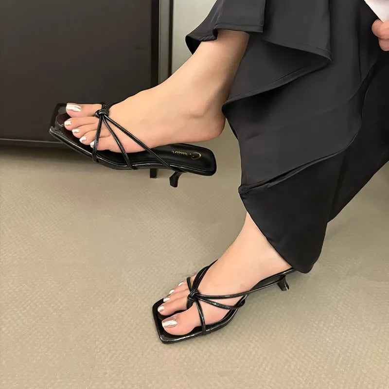 Shallow Thin Heel Slippers Slides Square Toe Medium Heel Sandals Shoes Flip flops Pumps