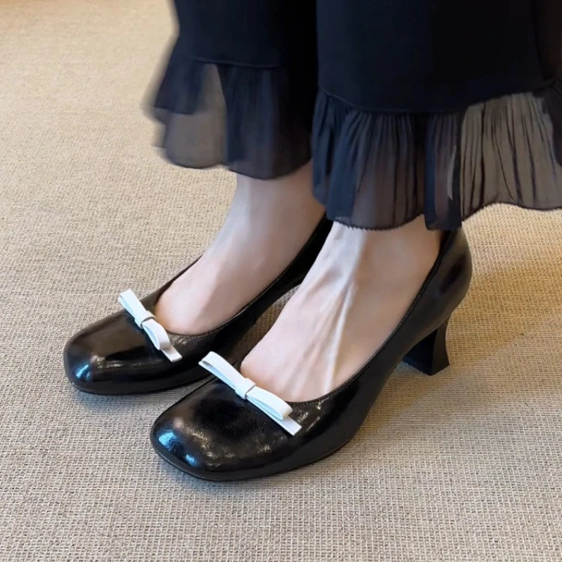 Retro Bowknot High Heeled Mary Jane Shallow Comfort Round Toe Elegant Office Shoes Talons Femme