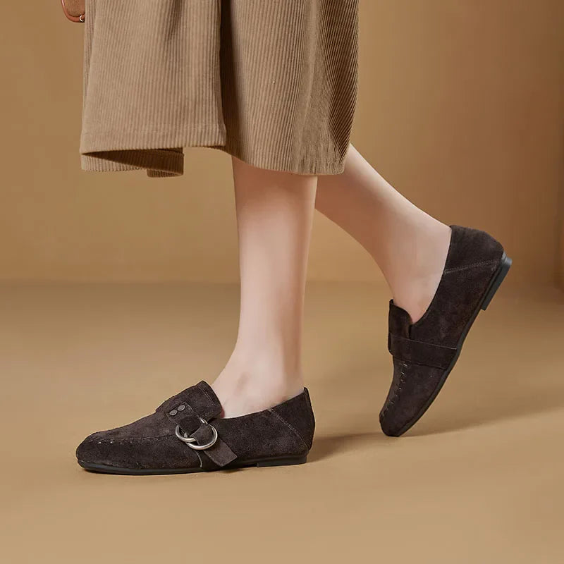 Genuine Leather Flats Metal Buckle-Decorated Suede Loafers Light Comfortable Cow Suede Shoes