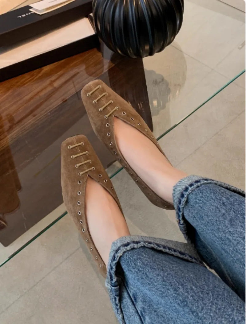 High Quality Faux Suede Flat Mary Jane Shoes Rivets Lace Up Brand Shoes Comfortable Soft Sole Office Shoe