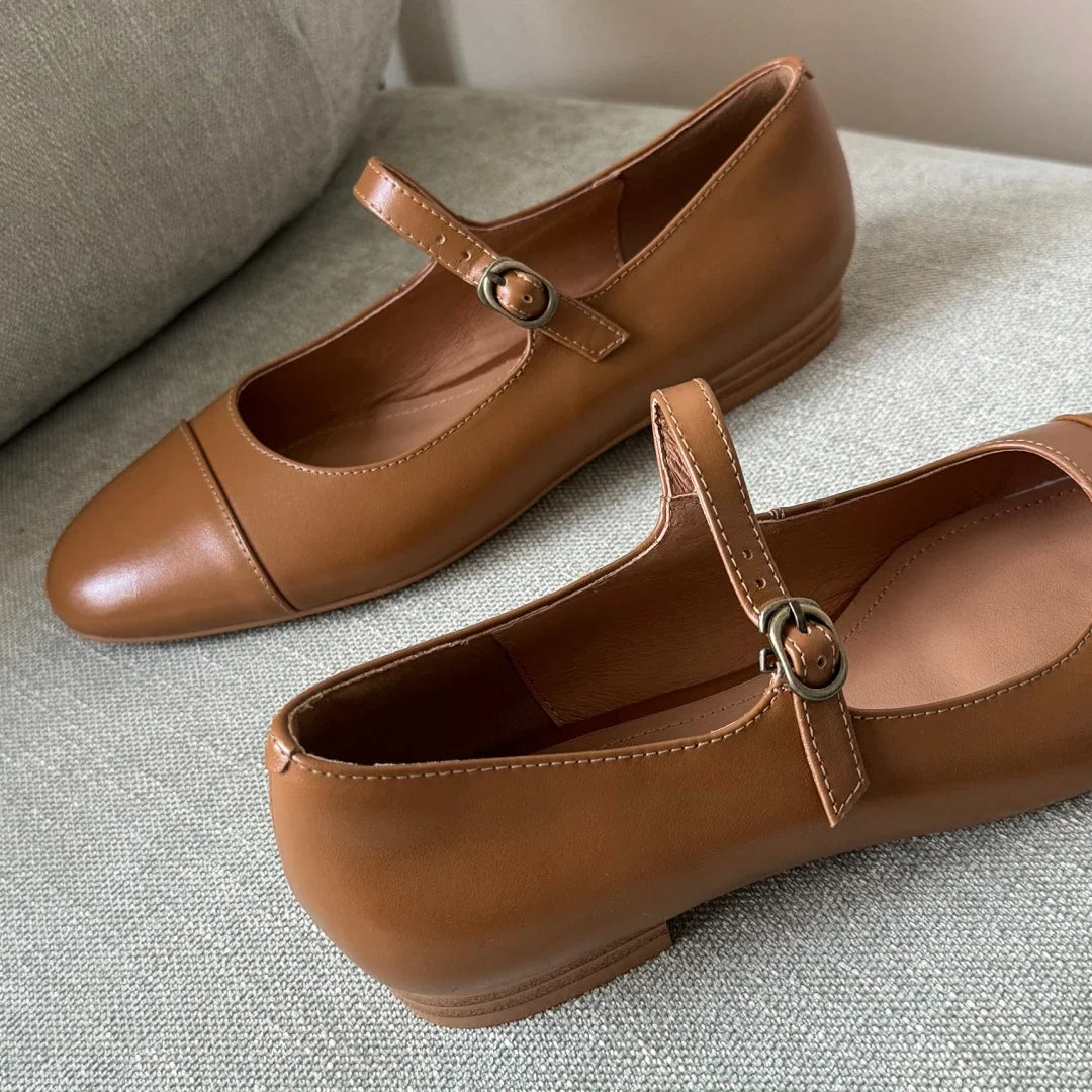 genuine leather round toe slip-on Mary Jane flats soft comfortable casual daily footwear shoes