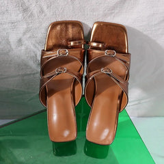 Antique Brown Patent Leather Double Buckle Strap Slides Square Open Toe Low Block Heel Sandals Flip Flops Shoes