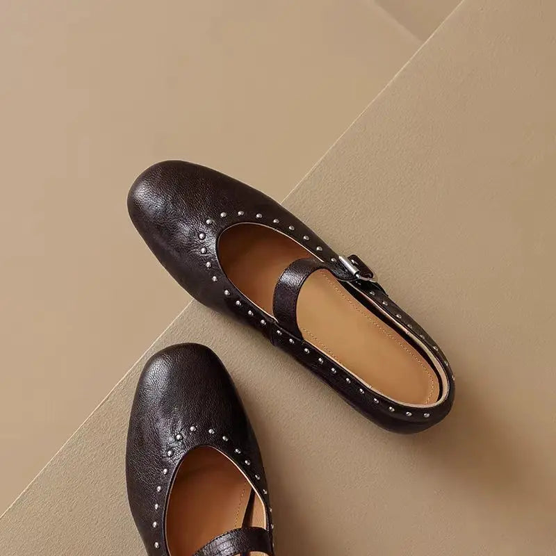 French Retro Mary Jane Ballet Shoes Flat Flat Casual Round Toe Riveted Shallow Mouth Single Shoes