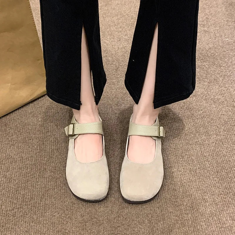 Leather Buckle Low Heel Mary Jane Shoes Soft Sole Casual Flat Shoes