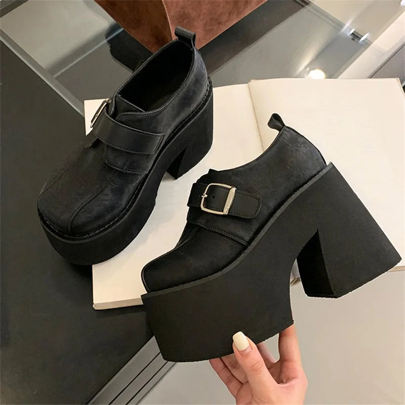 Chunky Platform Buckle Strap Street Style Round Toe Very Square High Heels Stripper Club