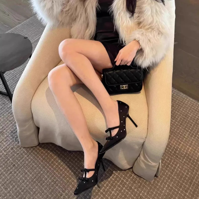 Thin Heel Shallow Mouth Single Shoes Banquet Bow Pointed Water Diamond Silk High Heels