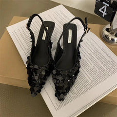 Low Sandals Woman Leather Shoes Closed Toe Bling Bling Suit Beige Heels Low-heeled Silver Retro Bright Black Girls