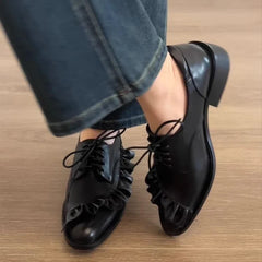 Black Soft Leather Lace-up Loafers Pleated Design Brand Low Heel Pumps Cozy Commuter Office Shoes Zapatos De Mujer