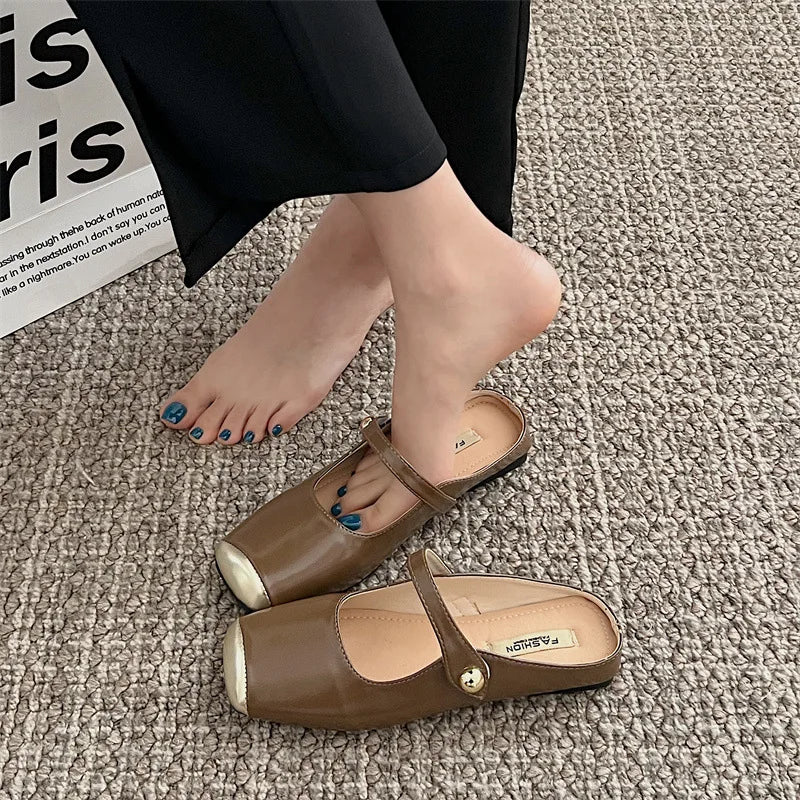 Leather Low Heel Slip-on Muller Shoes Casual Soft Sole Shoes Outdoor Walking Woman Single Shoes