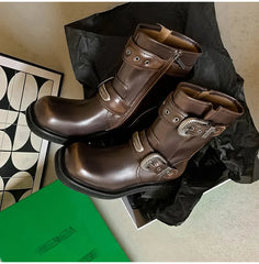 Metal Belt Buckle Motorcycle Boots Rivet Patent Leather Platform Wedge High heels Chunky Boots Shoes