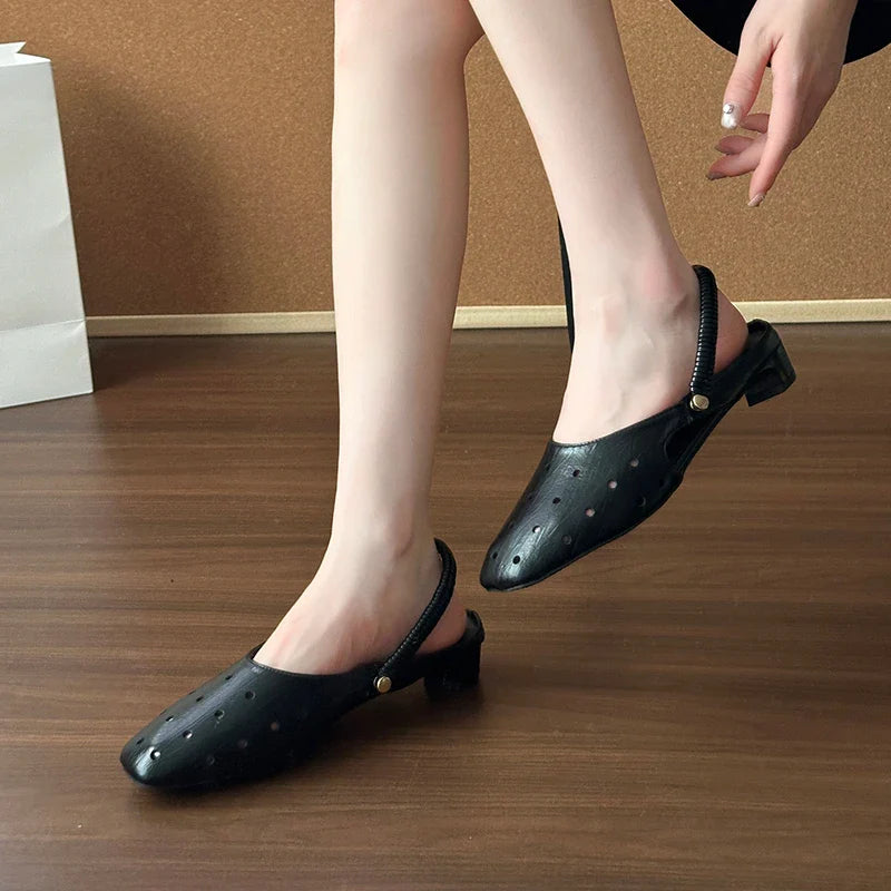 Hollow Sandals Heels Slippers Beach Mules Shoes Trend Chunky Leather Shoes Casual Flip Flops Mujer Slides