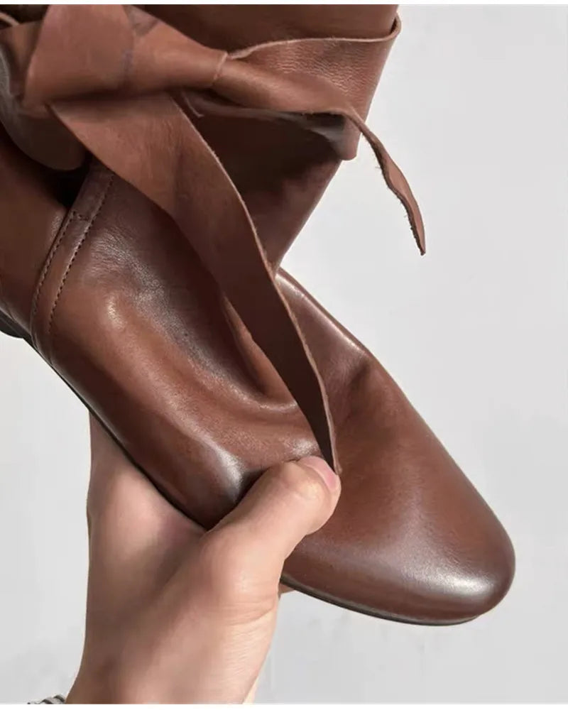 Soft Leather Lace-up Ankle Boots Comfortable Flats Short Booties Bowknot Chelsea Boots Shoes Botas