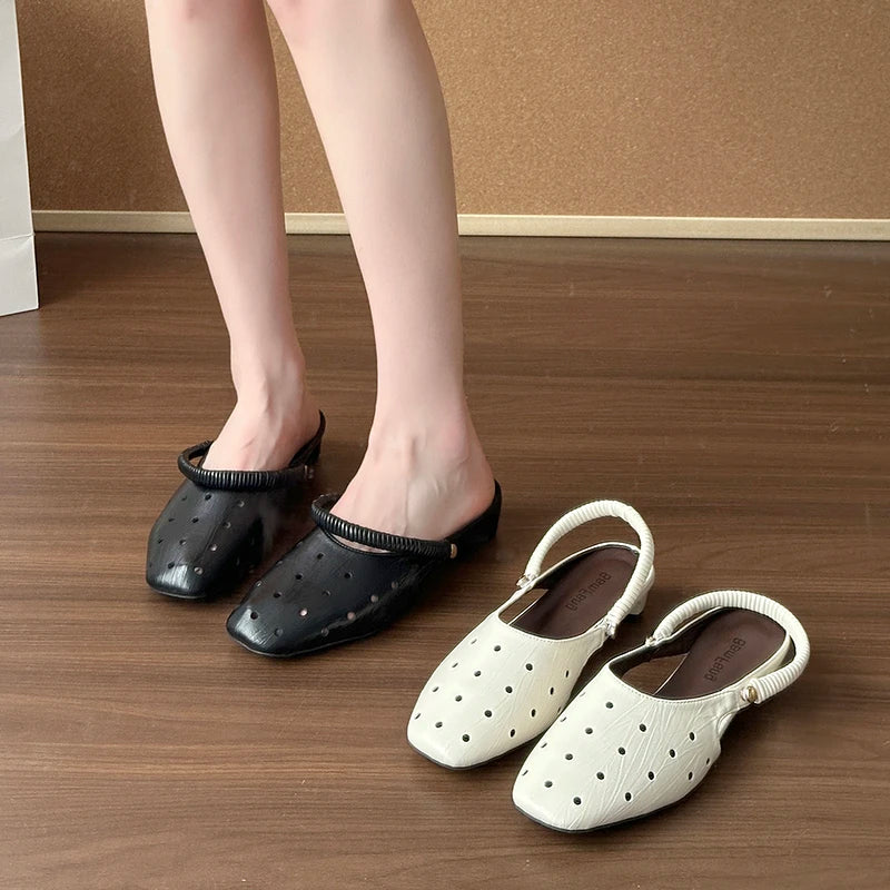 Hollow Sandals Heels Slippers Beach Mules Shoes Trend Chunky Leather Shoes Casual Flip Flops Mujer Slides
