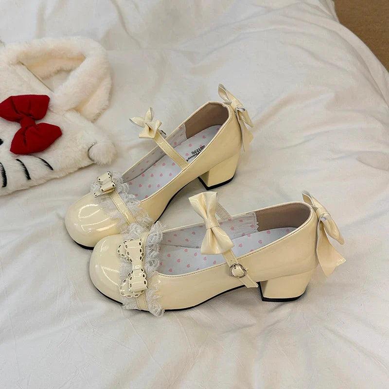 Lolita Style Cute Round Head Jane Pumps with Bow Sweet Party Dress Midi Heels Shoes PU Sandals