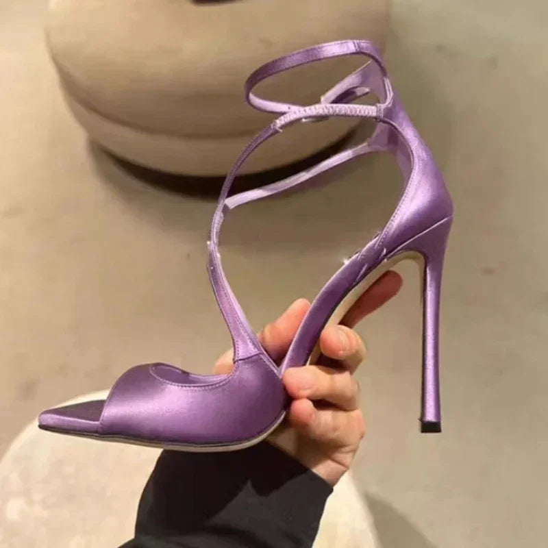 Silk Thin High Heels Brand Banquet Open Toe Cross-tied Elegant Sandals