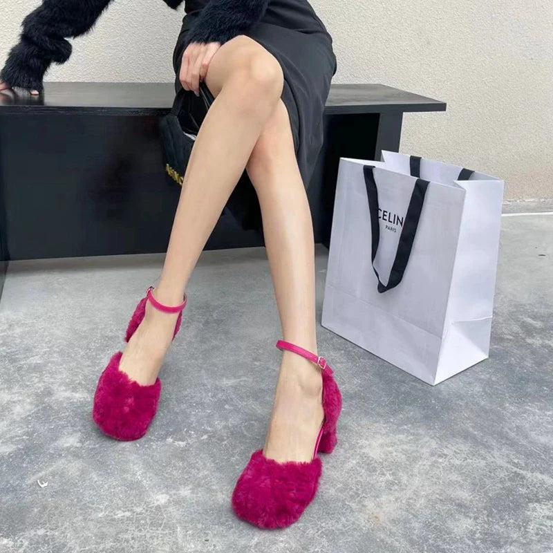Brand Sandal Furry Elegant Square Low Heel Dress Pumps Shoes Outdoor Slingback Shoes