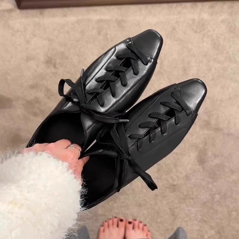 Black British Style Leather Shoes Retro Lace Up Mid Heel Pumps Comfortable Elegant Commuter Office Shoes Zapatos De Mujer