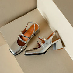 Plus Size 44 45 46 Black Silver Chunky High Heels Mary Jane Shoes Square Toe Double Buckle Pumps Slingback Sandals