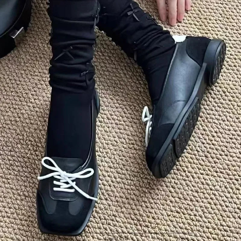 Novelty Lace Up Ballet Sneaker Flats Square Toe Splicing Design British Style Mary Jane Shoes Cozy Non-Slip Pumps
