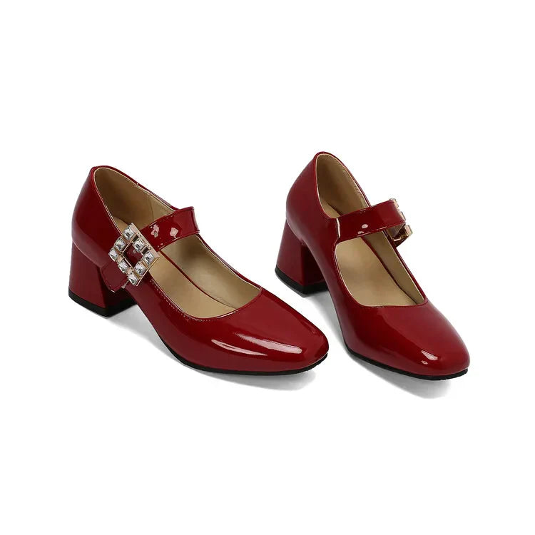 Plus Size 48 Patent Leather Mary Jane Shoes Sparkly Crystal Rhinestone Burgundy White Block Heel Pumps Party Shoe