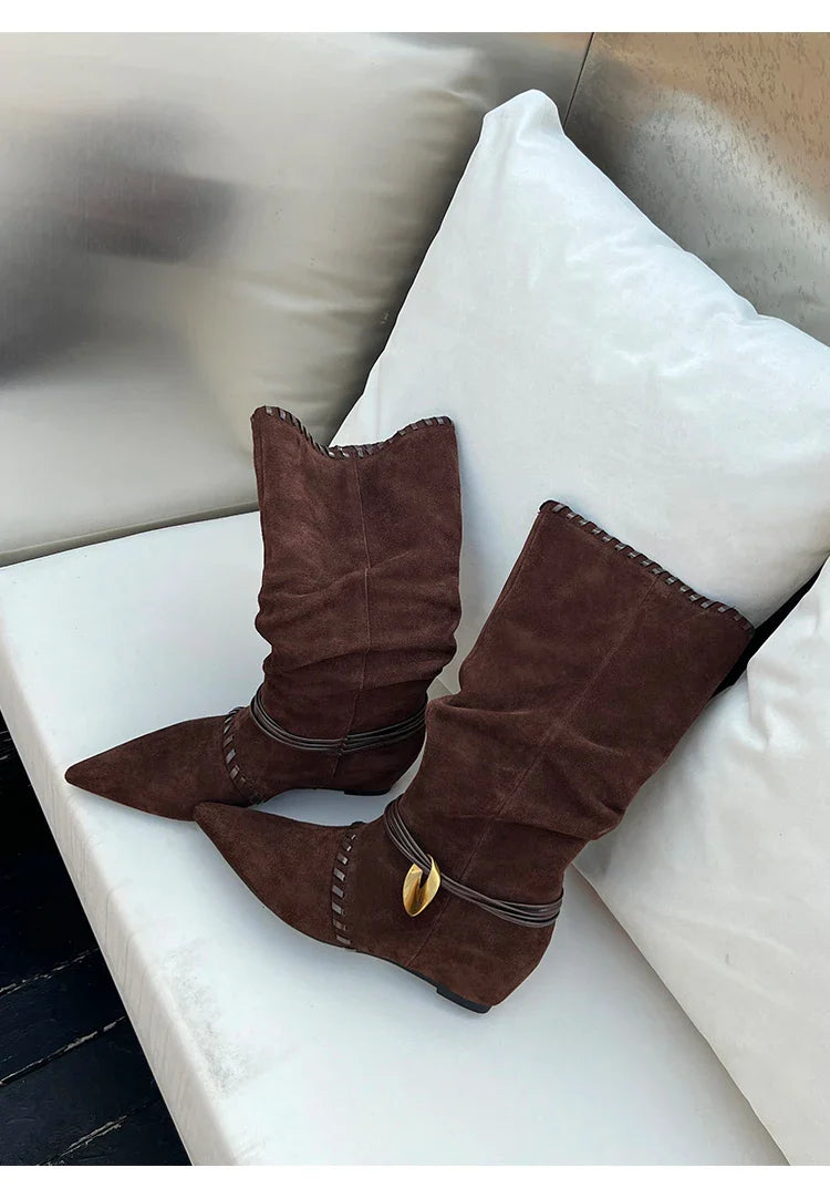 Mid Calf Boots Pointed Toe Flats Shoes Chelsea Boots Casual Walking Suede Zapatos Goth Mujer Botas