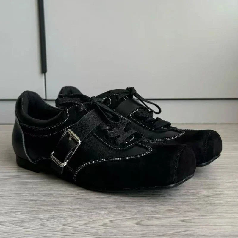Retro Square Toe Ballet Sneaker Leather Patchwork Sports Shoes Casual Lace Up Belt Buckle Design Mary Jane Shoes