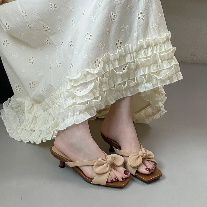 Low Heel Slides Slippers Shoes Butterfly-Knot Heeled Sandals