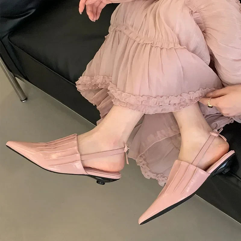 Pointed Pleated Low Heel Shallow Slingback Shoes Brand Lace Office Elegant Mule Shoes