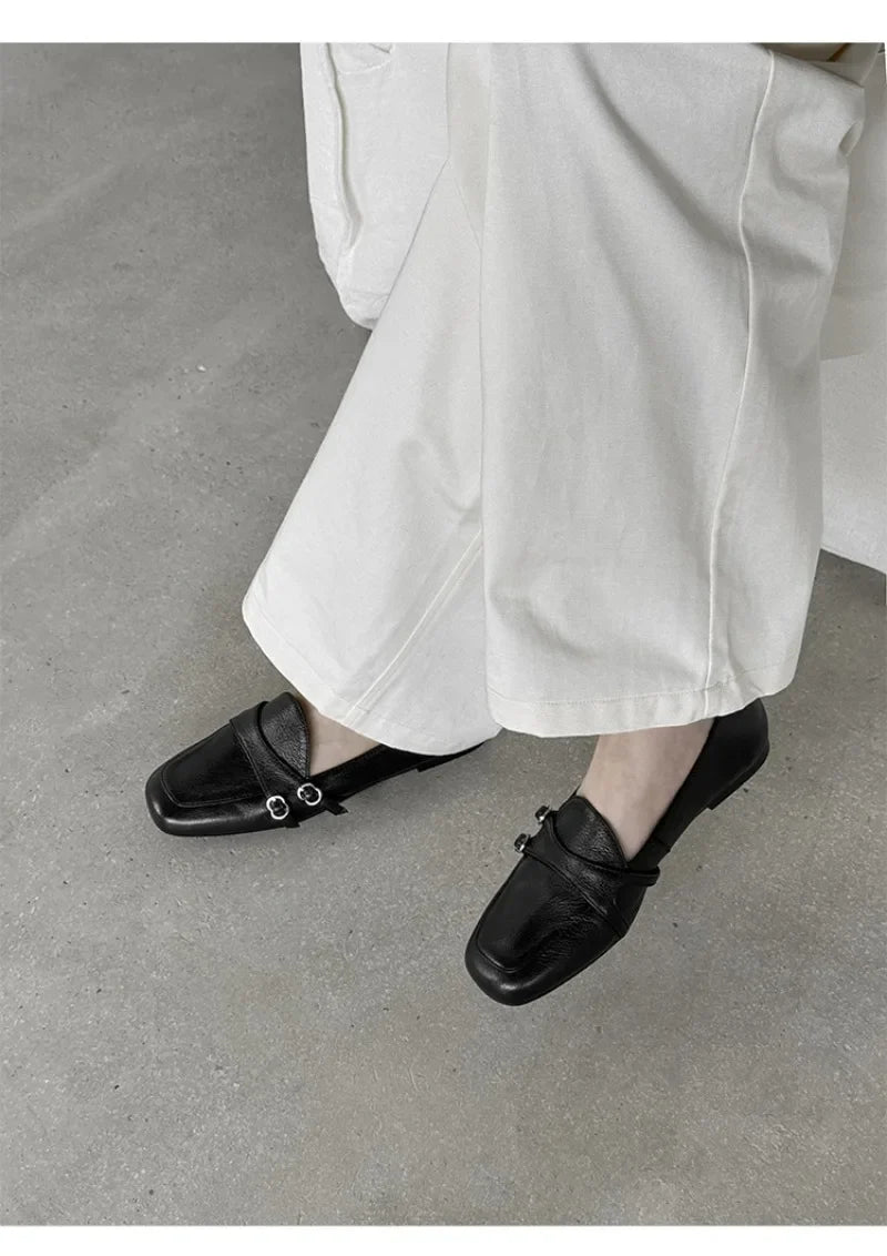 Elegant Burgundy Square Toe Loafers Metal Buckle Stitching Shoes Comfortable Commuting Flat Office Shoes