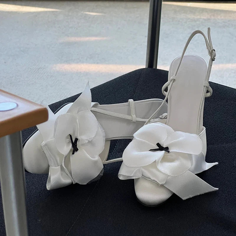 White Flower Sandals Round Toe Black Bow Detail Hollow Slingback Buckle Stiletto Heels Party Dress