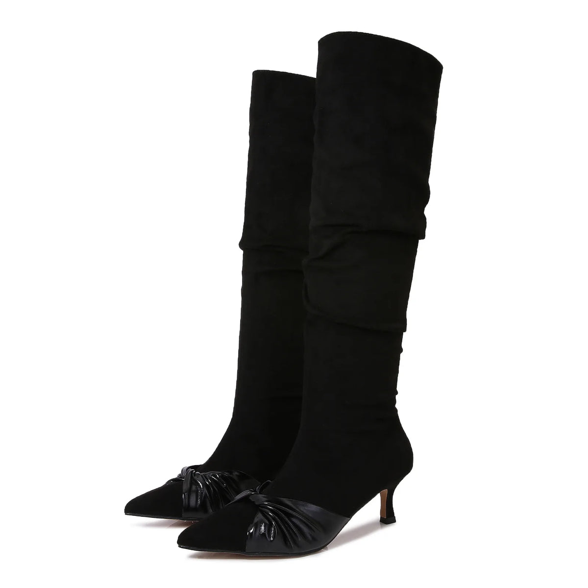 High Heels long boots shoes pointed toe leather bowknot flock knee high botas mujer 41-43 big size booties