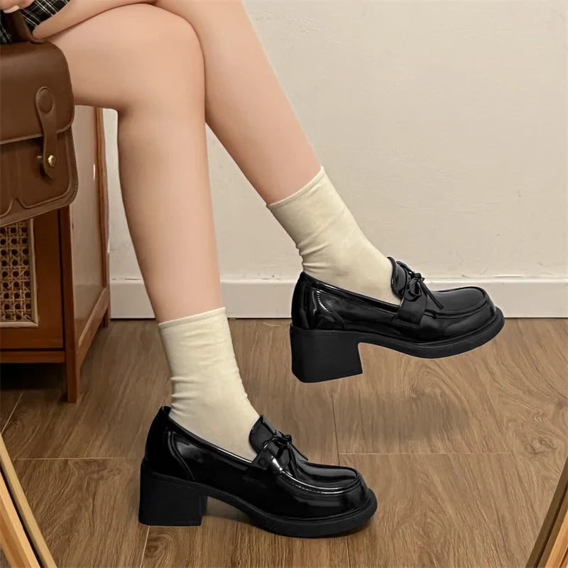 College Style Platform Loafers Shoes Shallow Slip On Shoes Elegant Thick Heel Leather Shoes