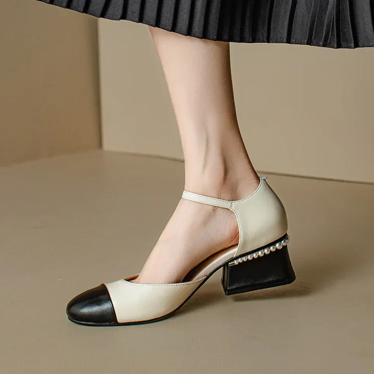 Sheepskin Leather Pumps Pearls Chunky Heels Shoes Brand Two Tone Buckle Pumps Wedding Party Dressy Shoes