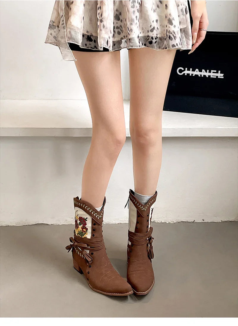 Vintage Ethnic Style Embroidery Woman Ankle Boots Shoes Elegant Thick Heel Western Cowboy Botas