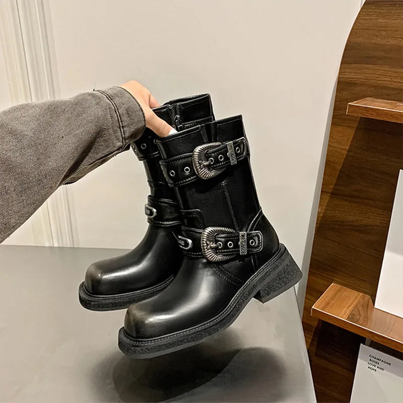 Metal Belt Buckle Motorcycle Boots Rivet Patent Leather Platform Wedge High heels Chunky Boots Shoes