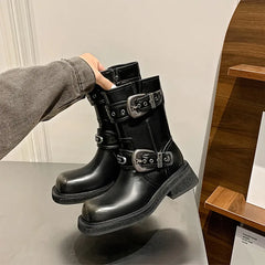 Metal Belt Buckle Motorcycle Boots Rivet Patent Leather Platform Wedge High heels Chunky Boots Shoes